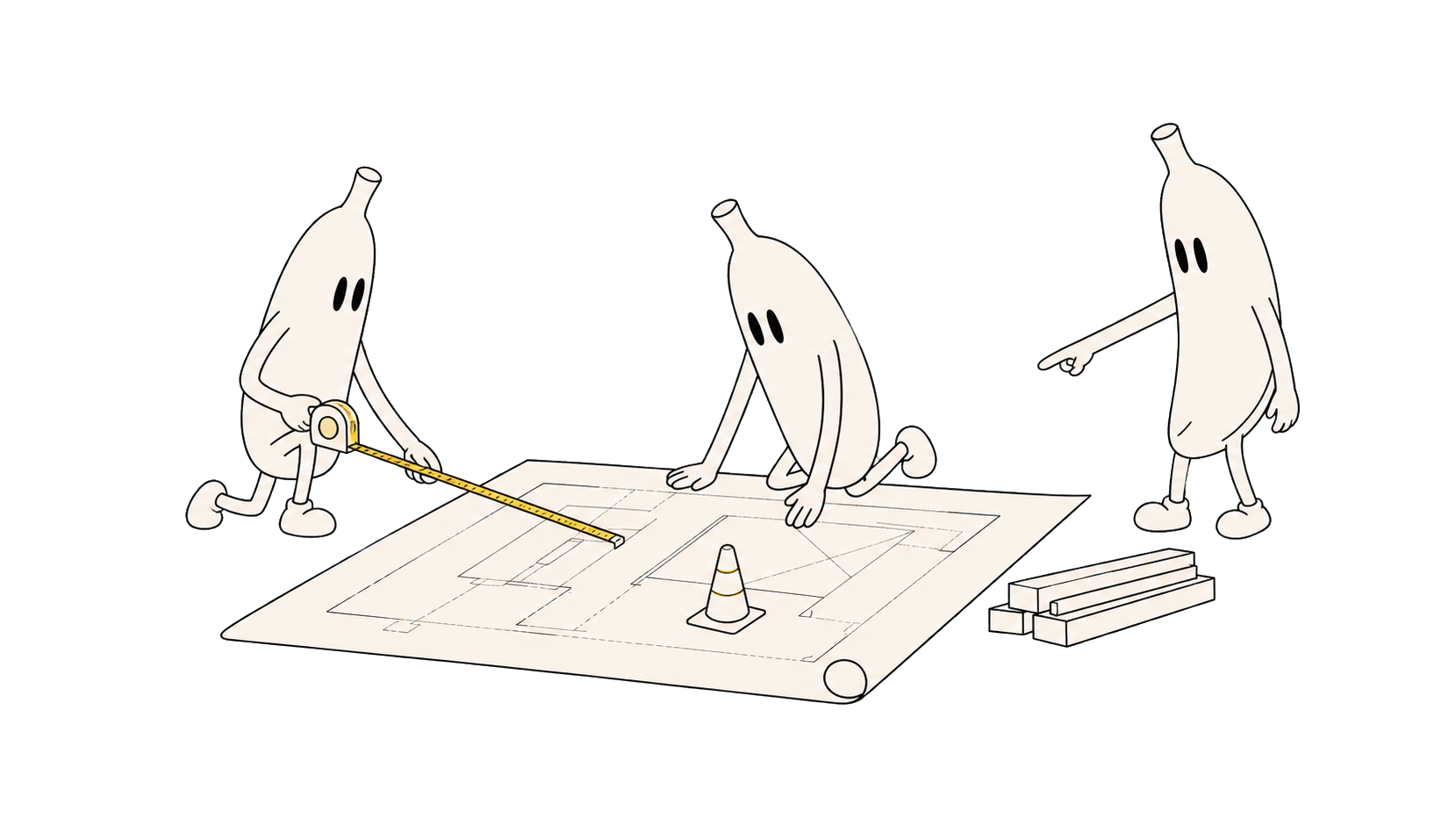 Trois personnages bananes étudient les plans du prochain site Banana Web.